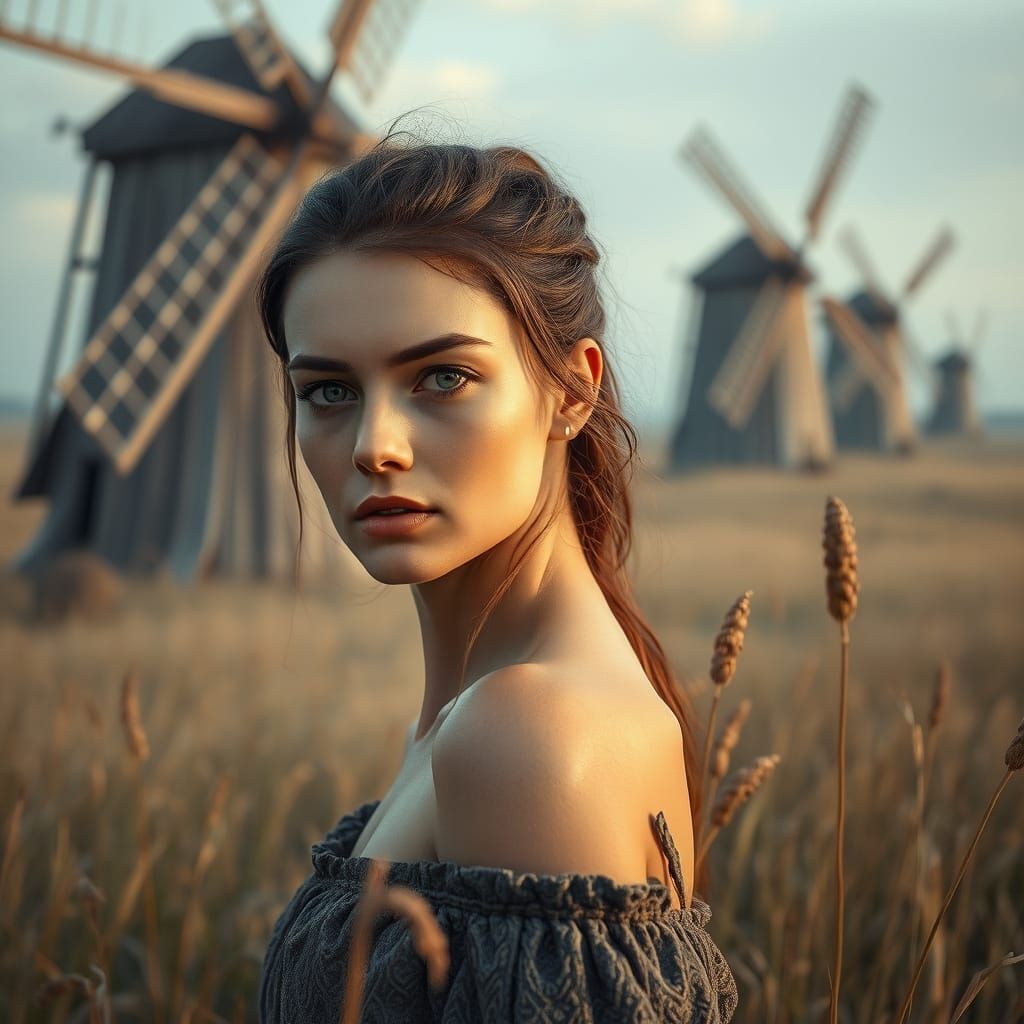 Ethereal Woman Surrounded by Ancient Windmills in a Hyperrea...
