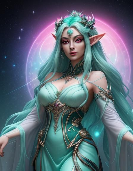 Jade Elf Radiates Neon Light in 3D Digital Art