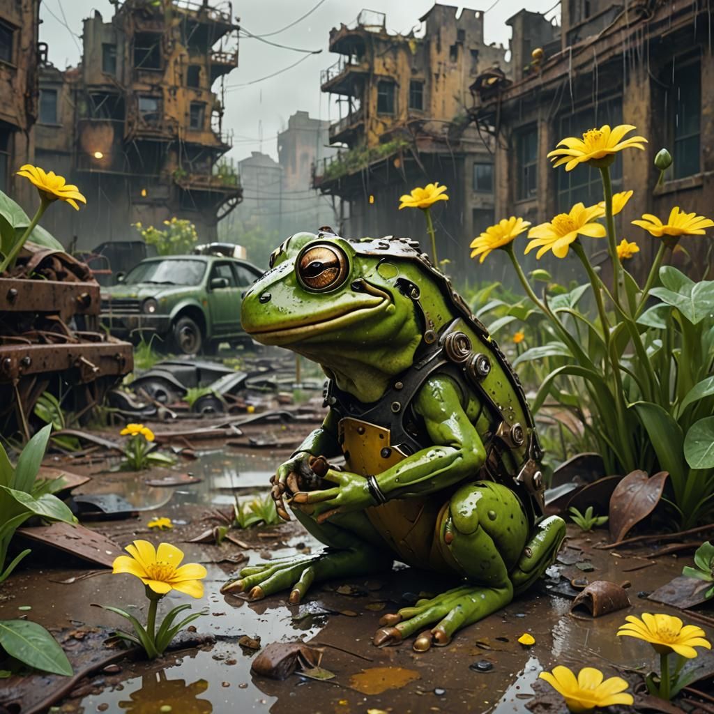 A post-apocalyptic scene with a green fascinated frog kneeli...