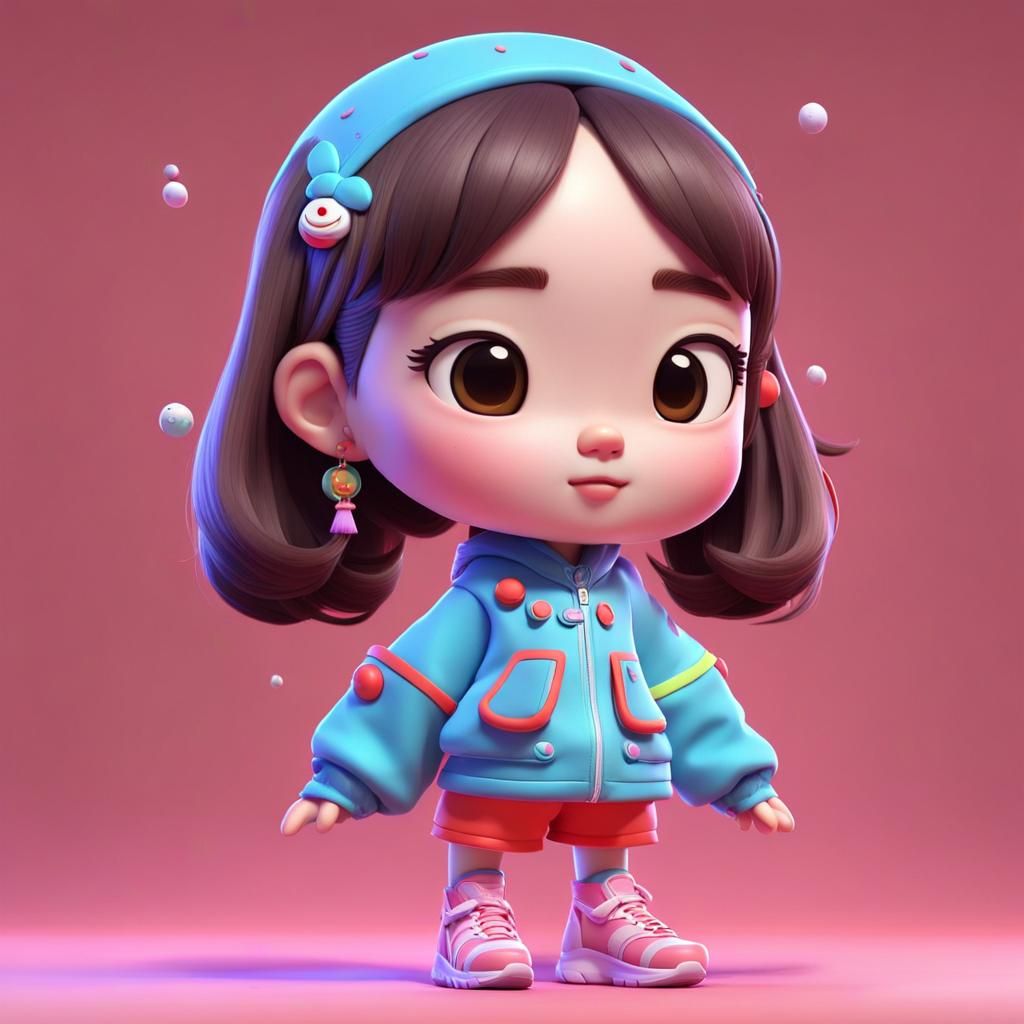 3D Realistic Chibi Korean Girl with Neon Background