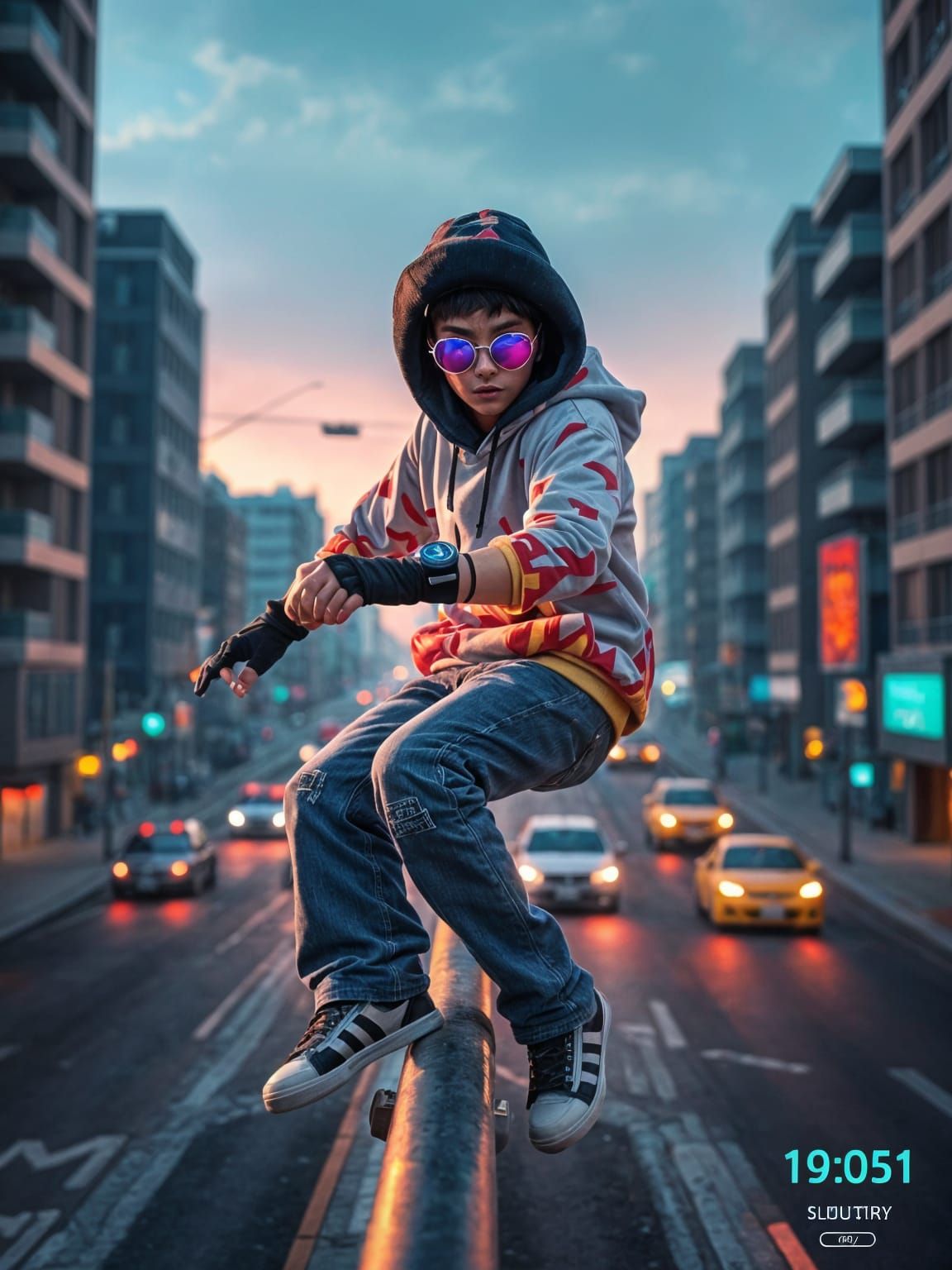 Anime Skater Grinding Rail in Glowing Cityscape