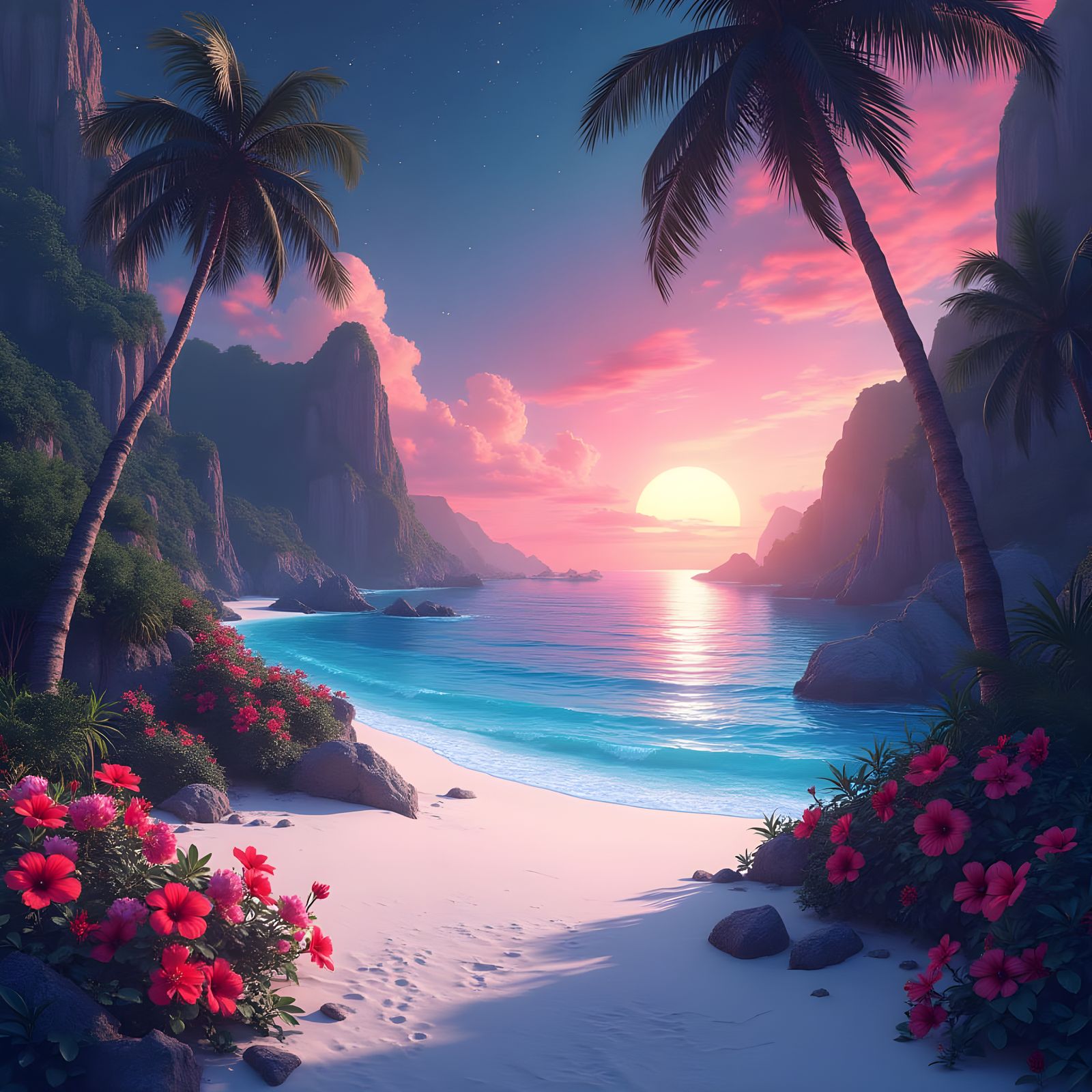 Futuristic Tropical Island with Glowing Flora