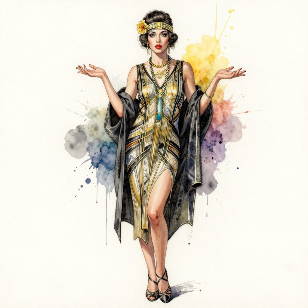 Art Deco Beauty Gesticulating in Watercolour Charcoal Sketch