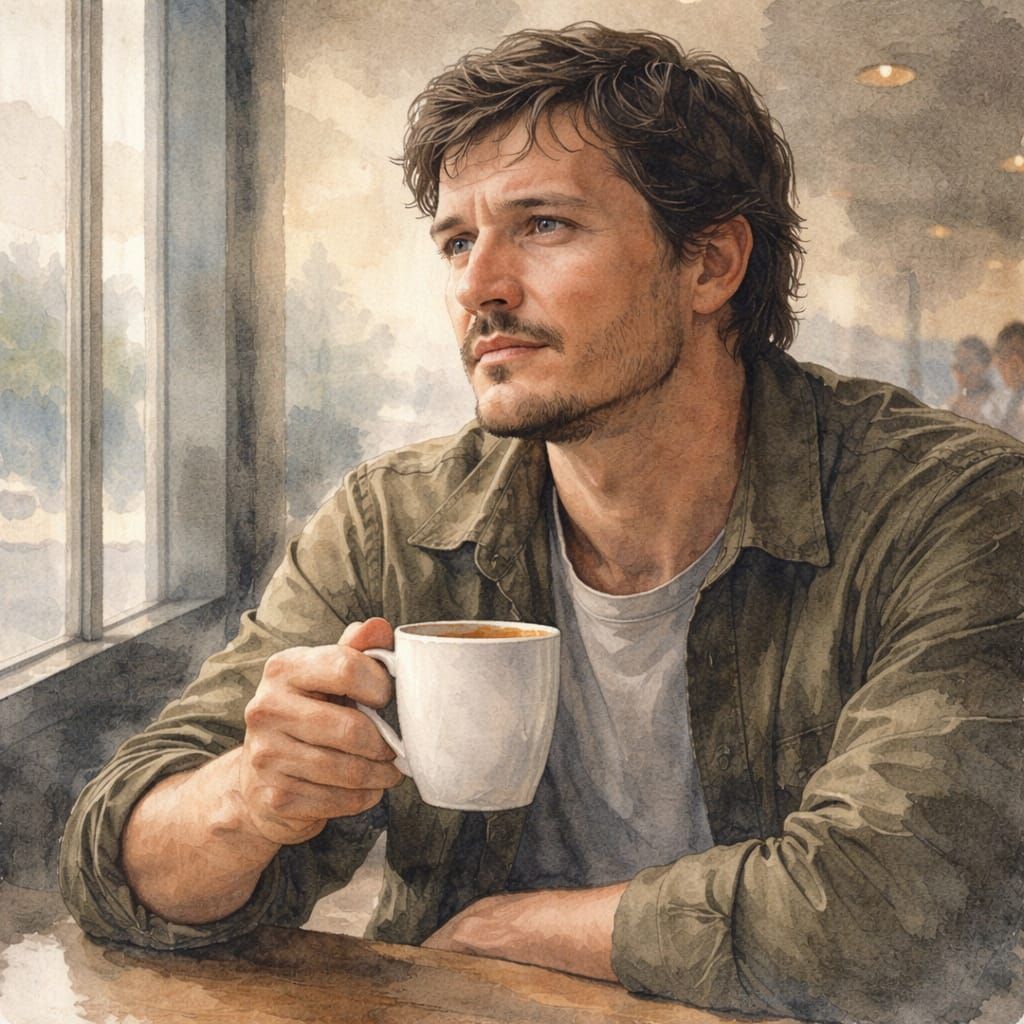 Melancholic Man in Coffee Shop Watercolor Portrait