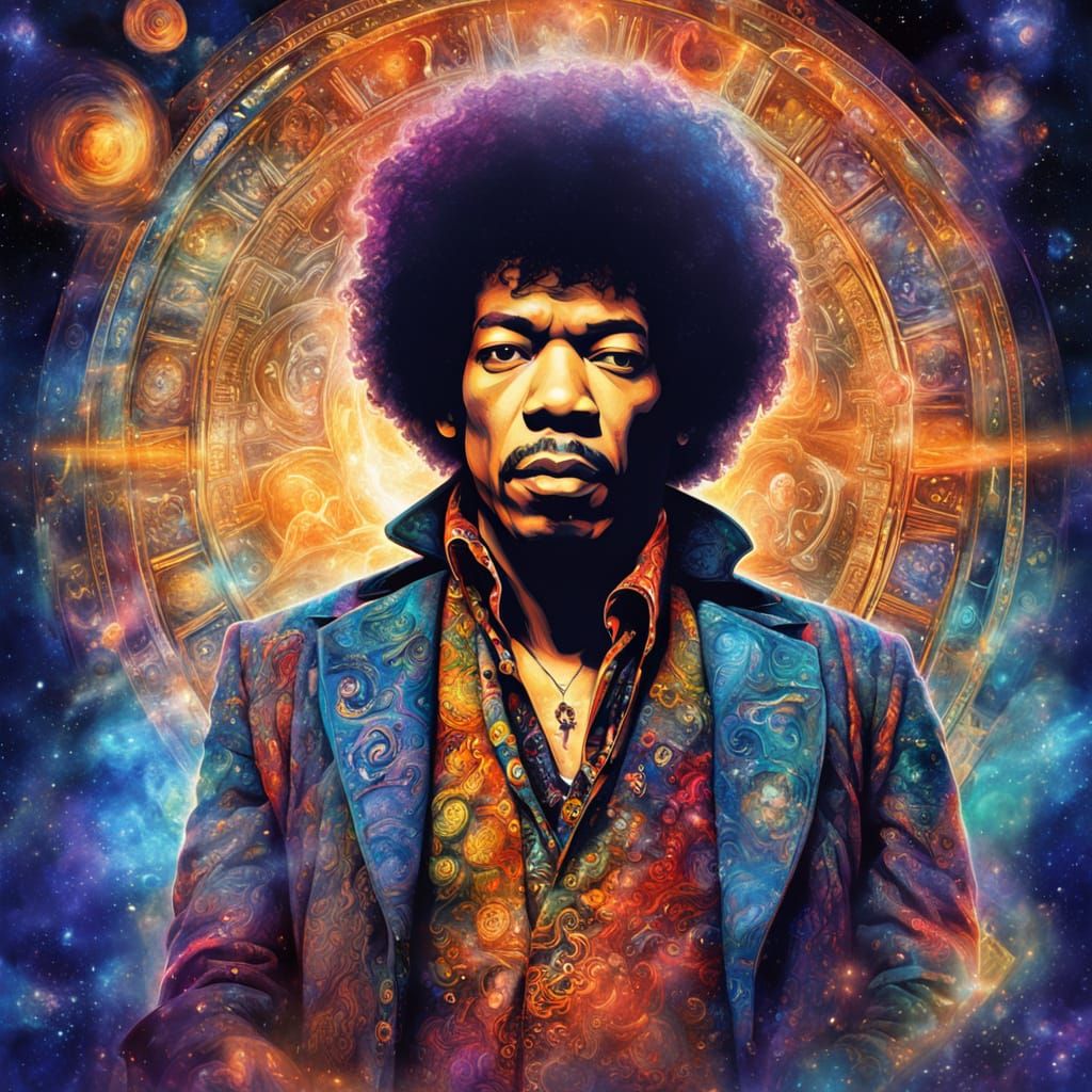 Jimi Hendrix Erupts from Tardis in Cosmic Holographic Style