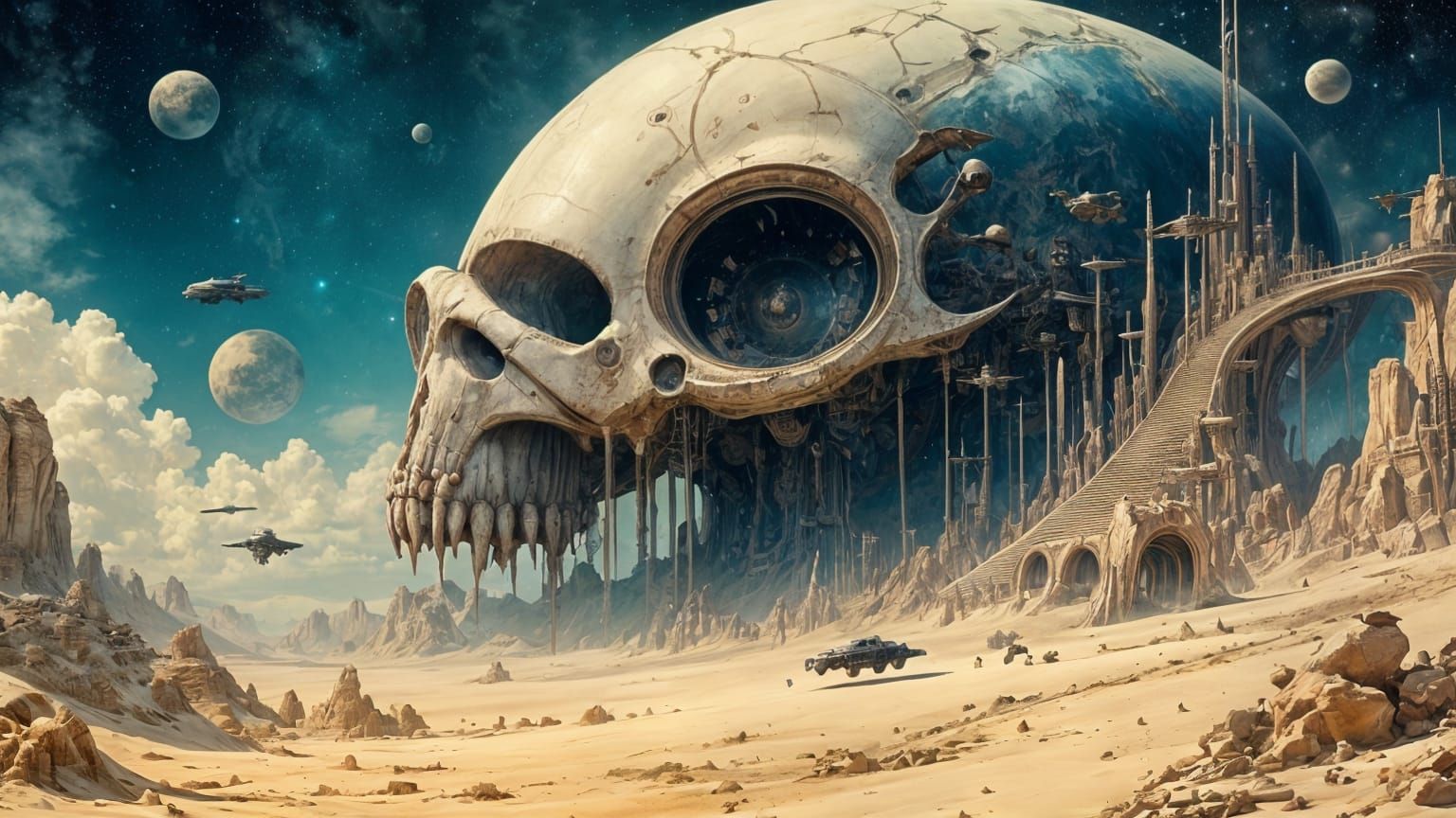 Alien City in Giant Skull Base on Desert Planet