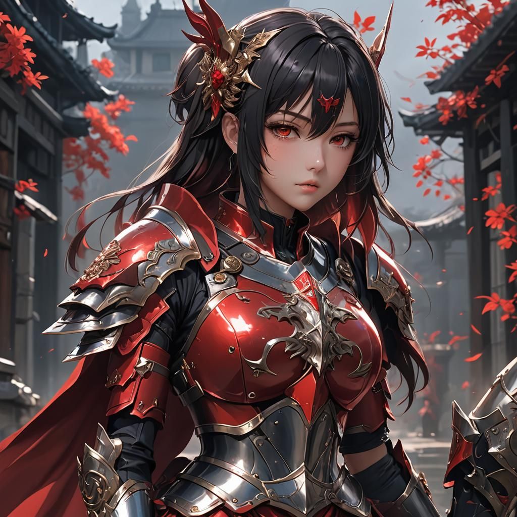 Anime Dark Character in Red Armor, Detailed 3D Art