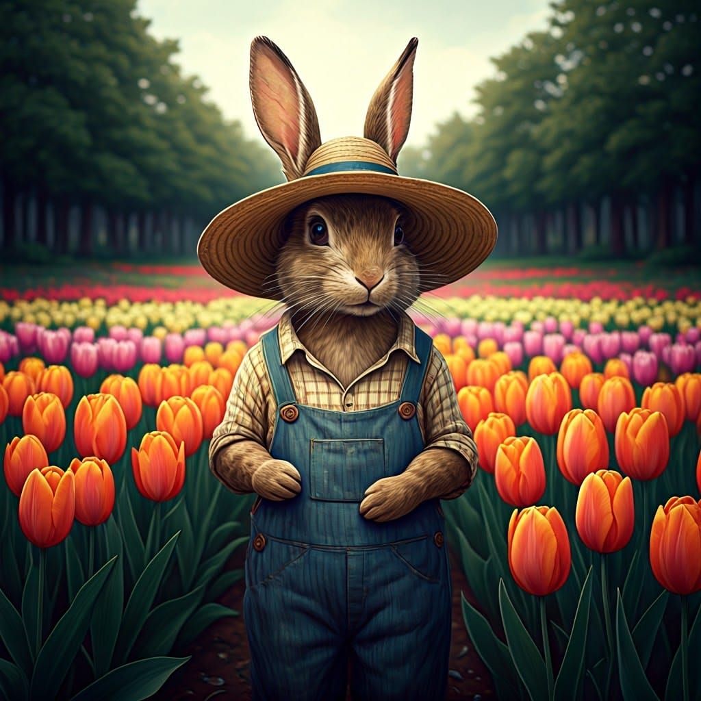 Rabbit Gardener Amidst Tulips in Springtime