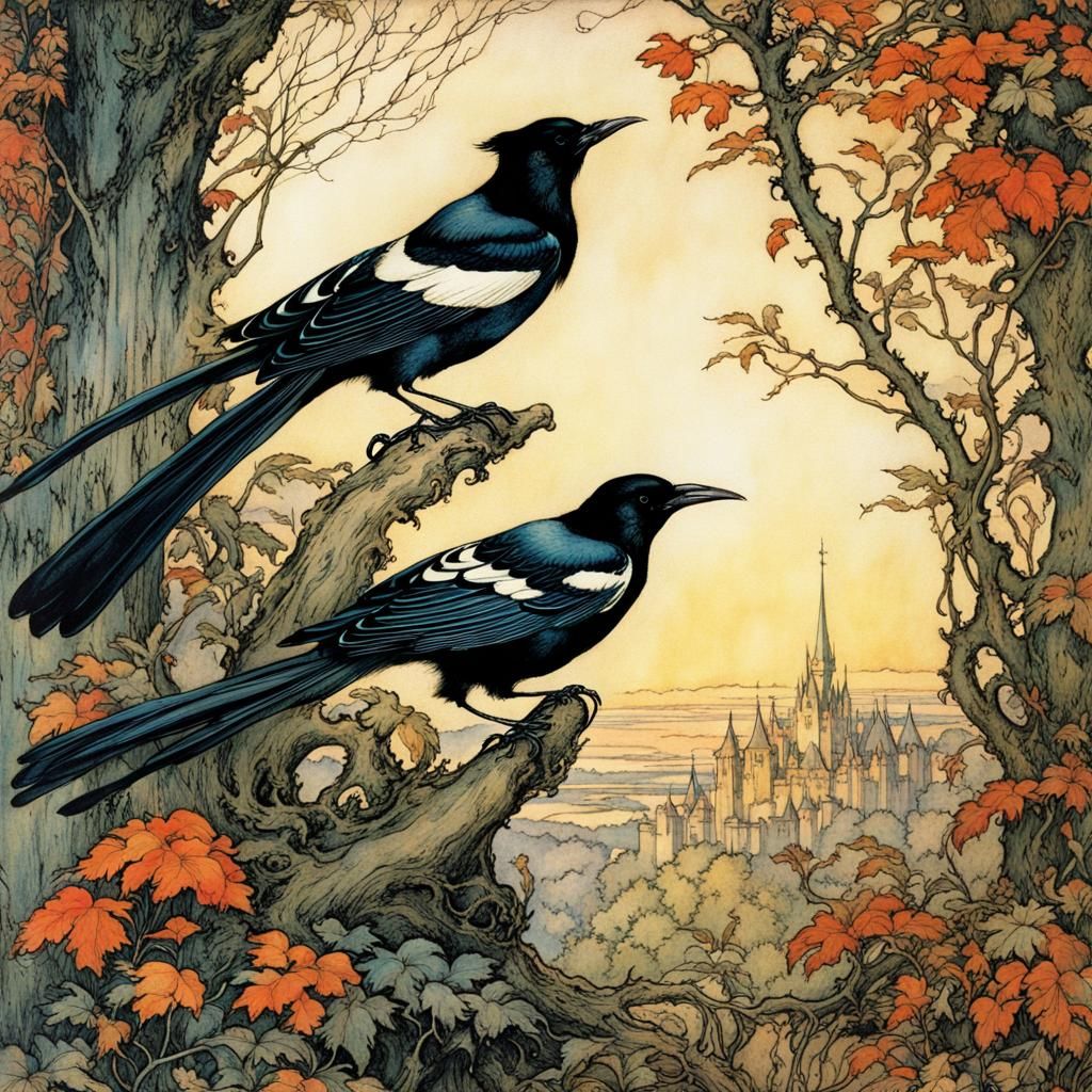 Fairytale Magpies in Radiant Forest Illustration