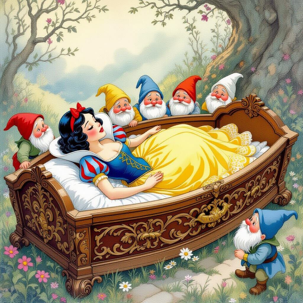 Snow White's Fairytale Coffin Scene in Whimsical Style