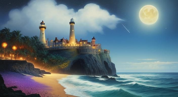 Lighthouse with Steampunk Airships in Post-Impressionist Sty...
