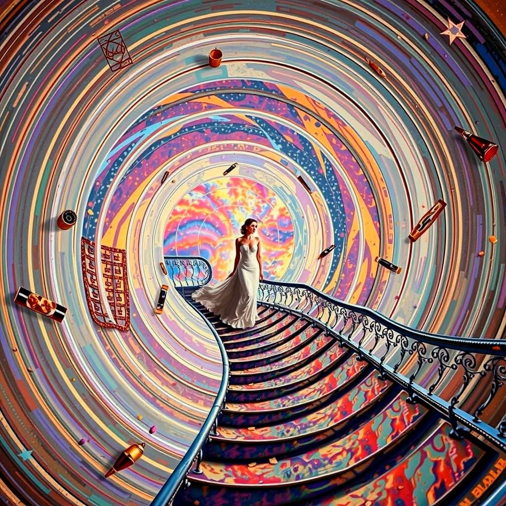 Elegant Woman on Abstract Staircase in Art Deco Style