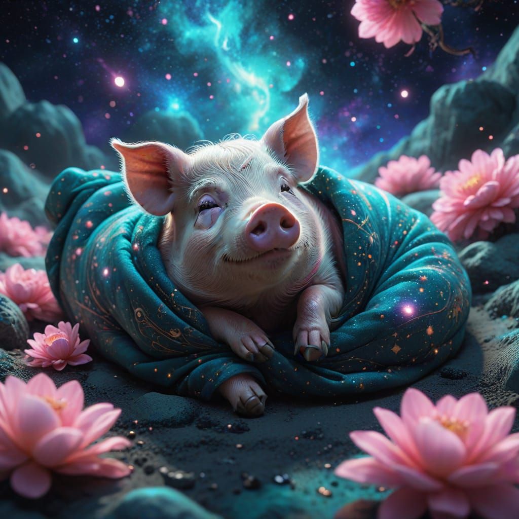 Mini Pig Sleeps in Cosmic Dreamscape - 3D Cartoon