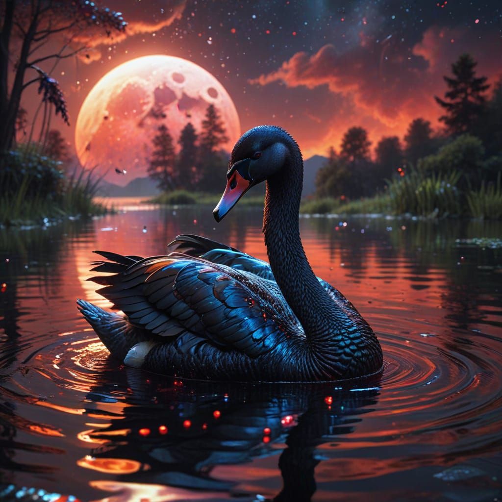 Red Moon Over Lake With Swans in Psychedelic Fantasy Art Sty...