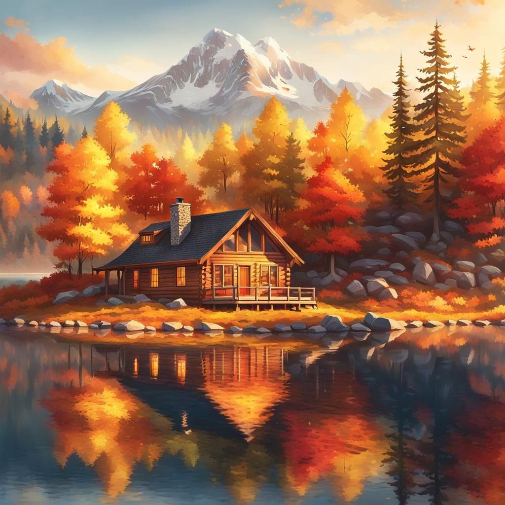 Cozy Autumn Cabin by Lake: Digital Art Masterpiece