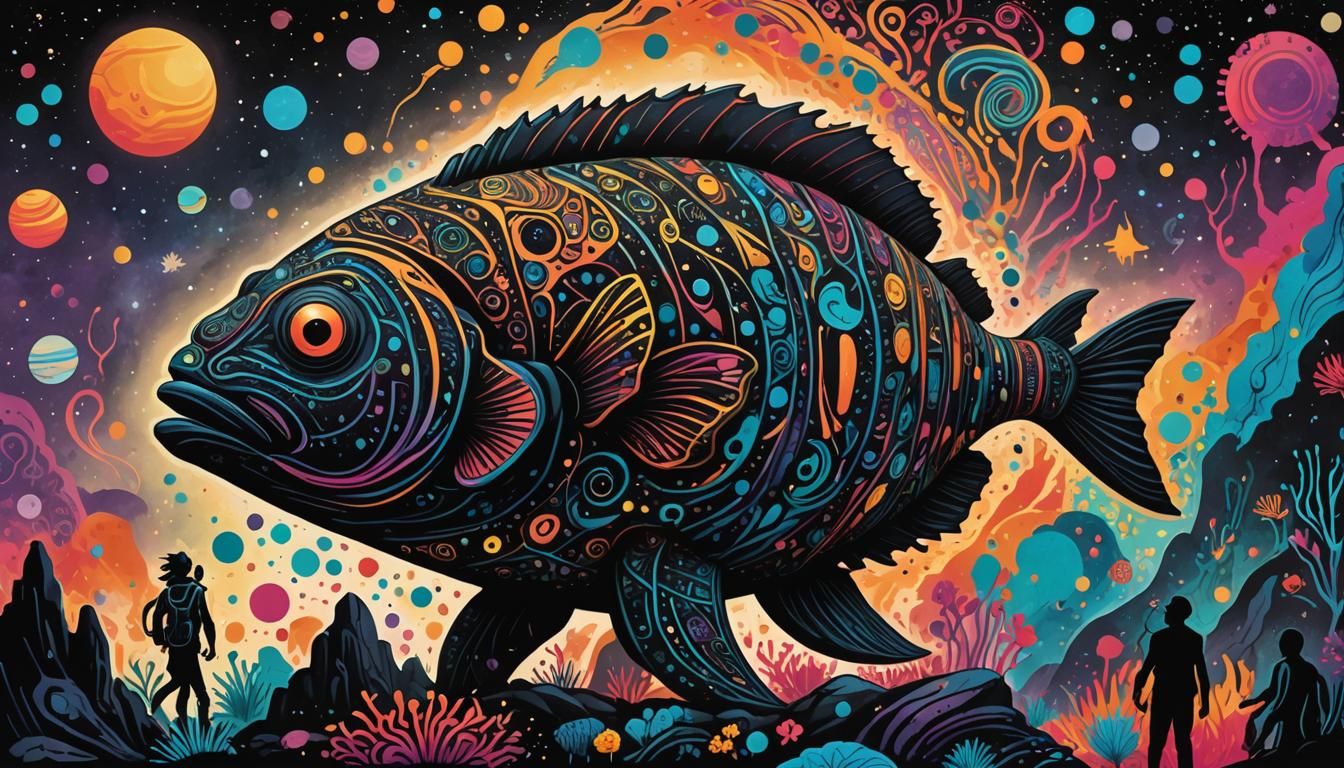 Megalithic Fish Statue on Exoplanet in Colored Ink