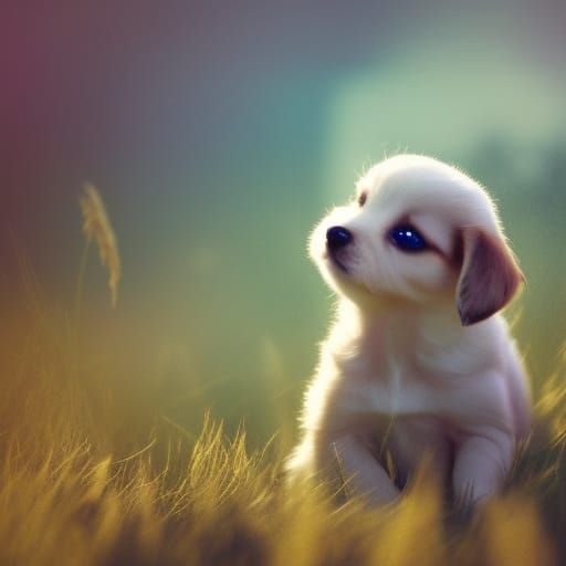 Adorable Puppy in Glittering Grass: Digital Painting