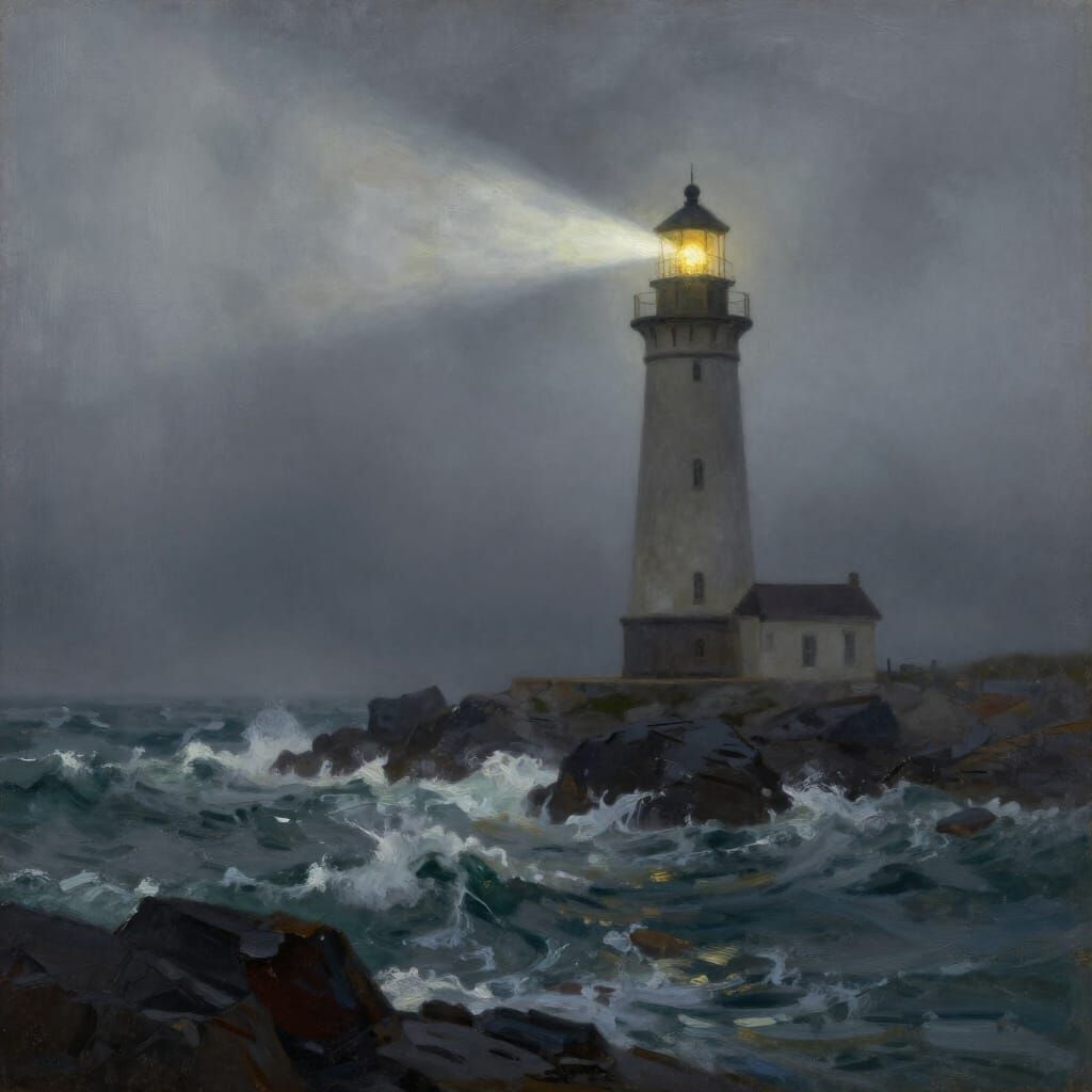 Majestic Lighthouse on Foggy Coast