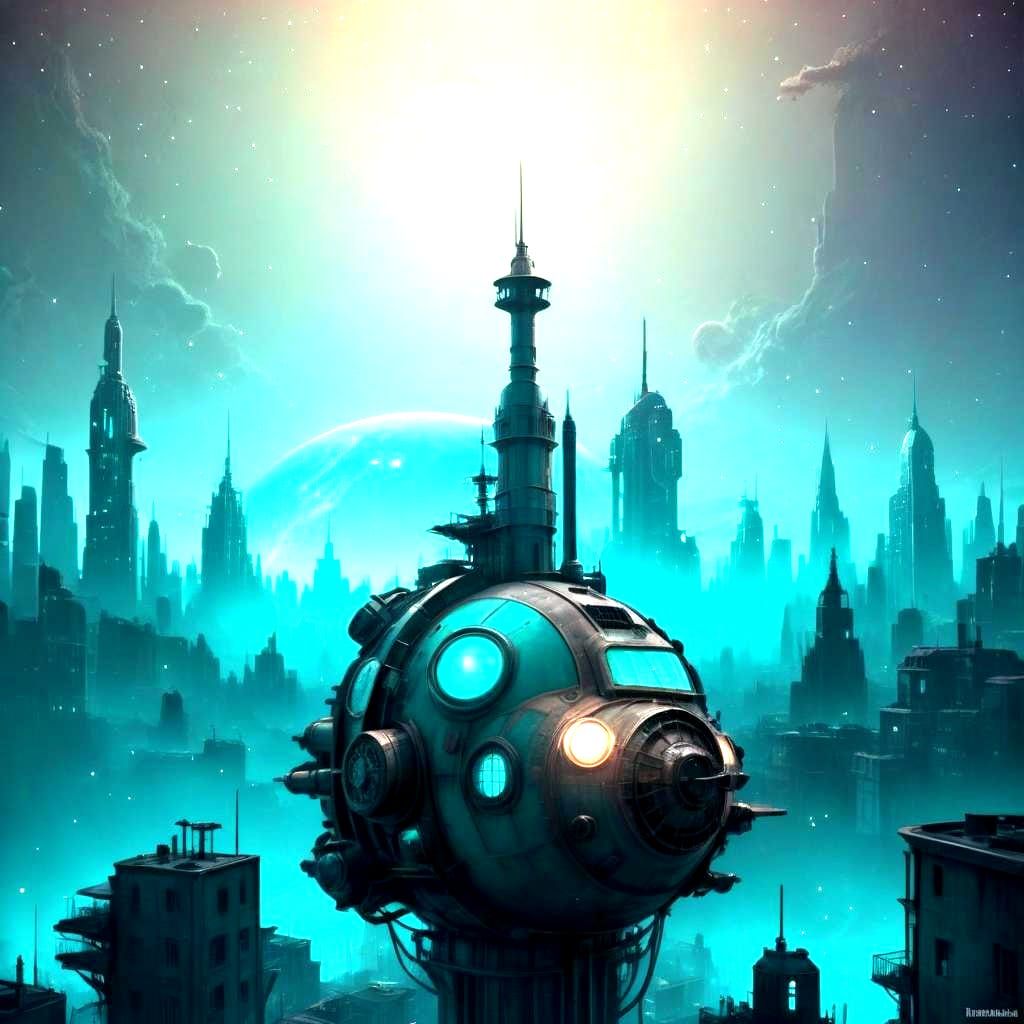 Rustic Dieselpunk Cityscape in Teal, Hyperrealistic