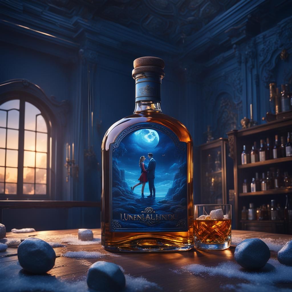 Romantic Scene Inside Whisky Bottle, Detailed Matte Painting
