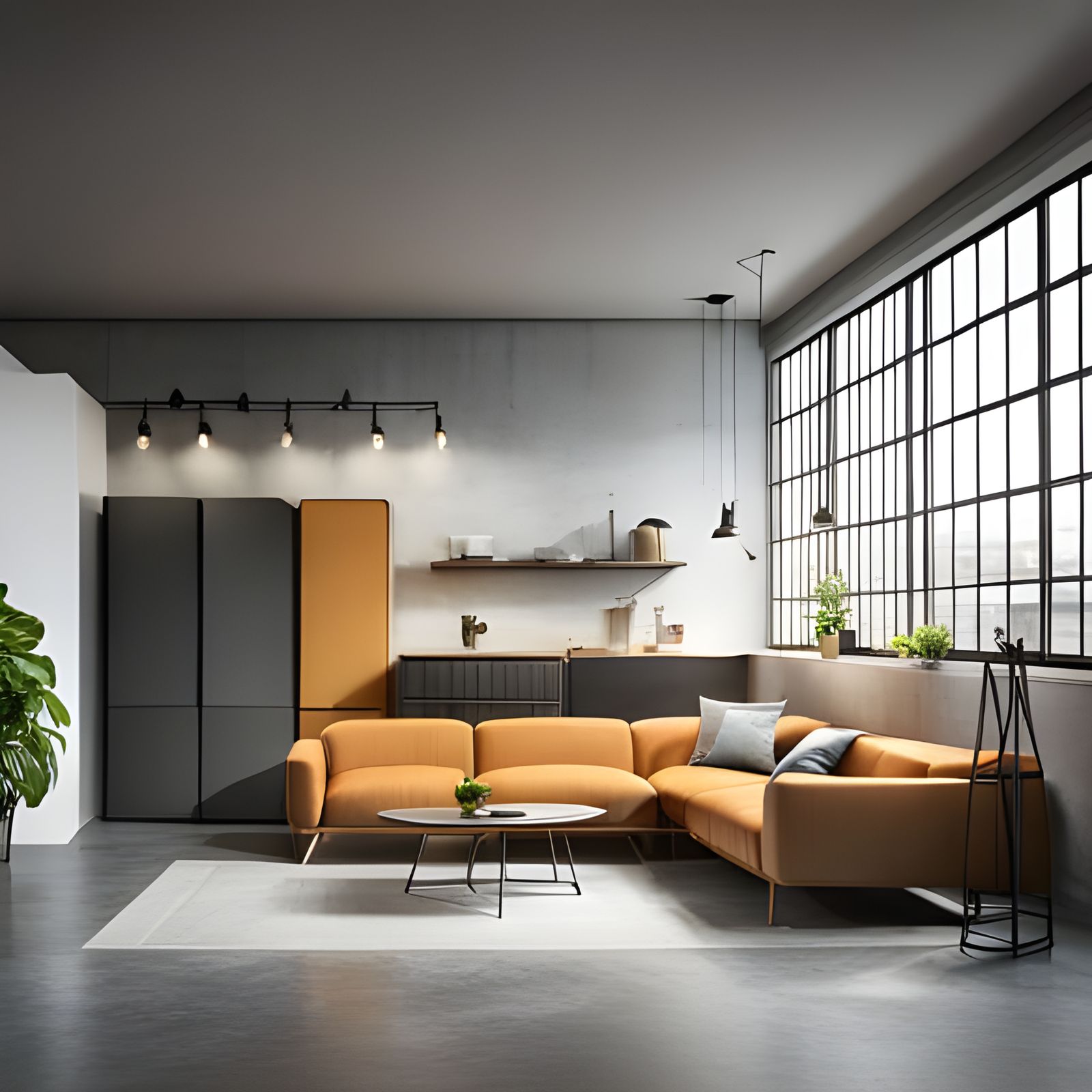 Loft Style Kitchen Interior with Orange Sofa