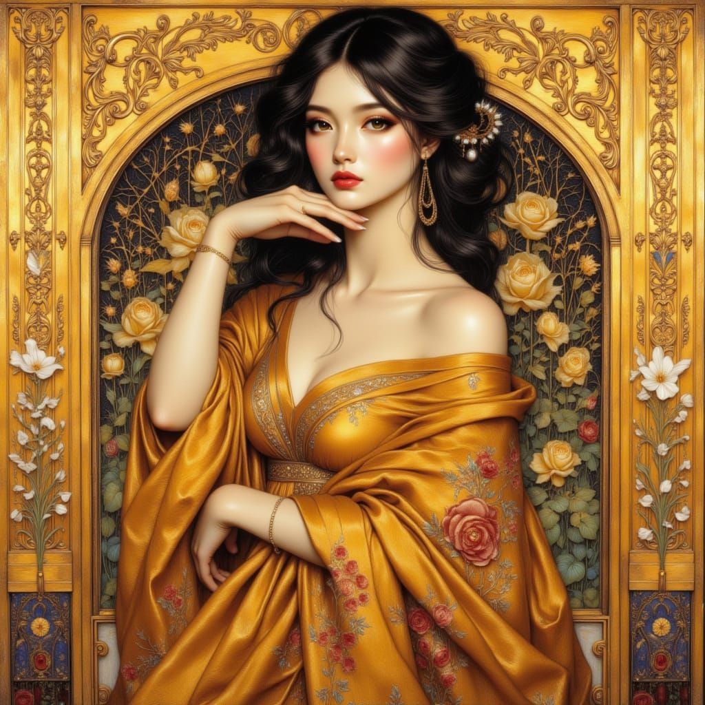 Elegant Woman in Gold Patina and Art Nouveau Style