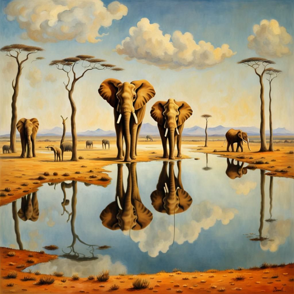 Surreal African Landscape with Reflected Elephants