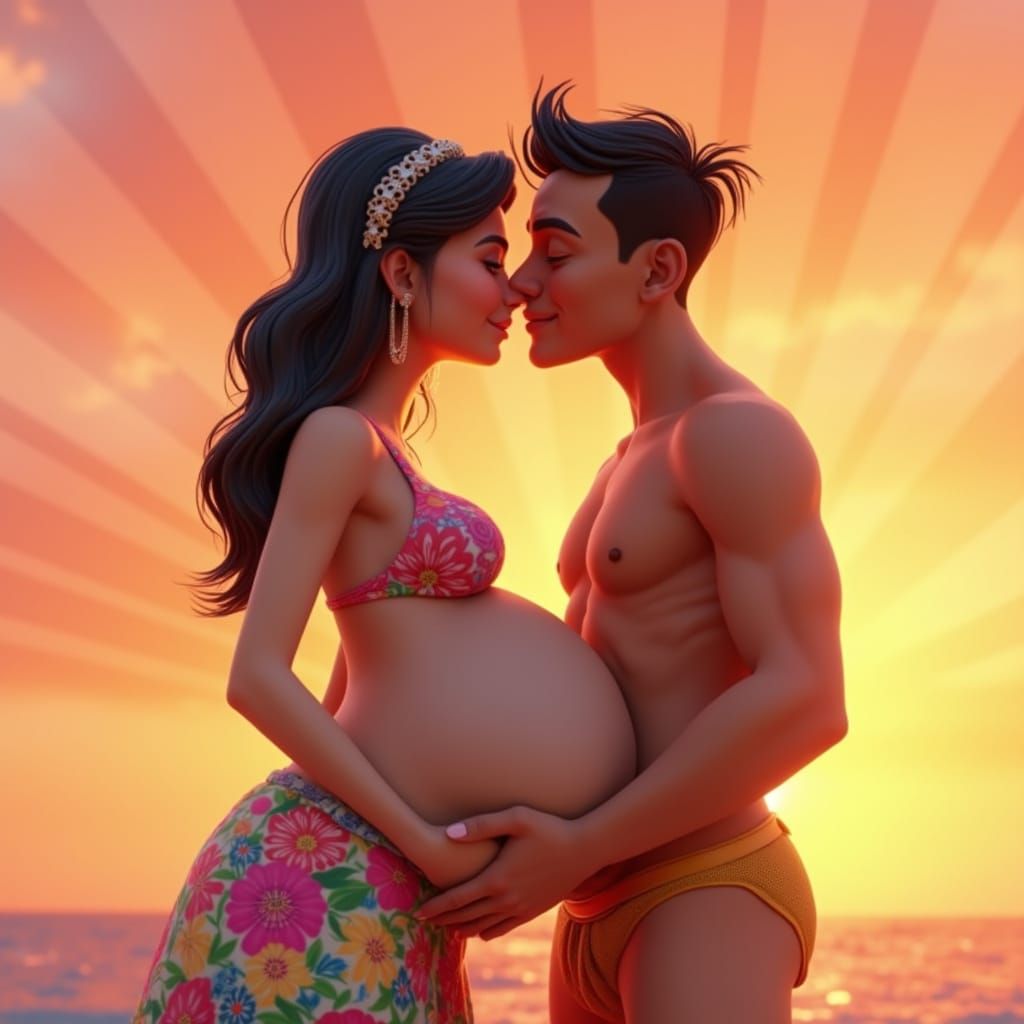 Loving Pregnant Couple in Vibrant Floral Skirt and Bright Bi...