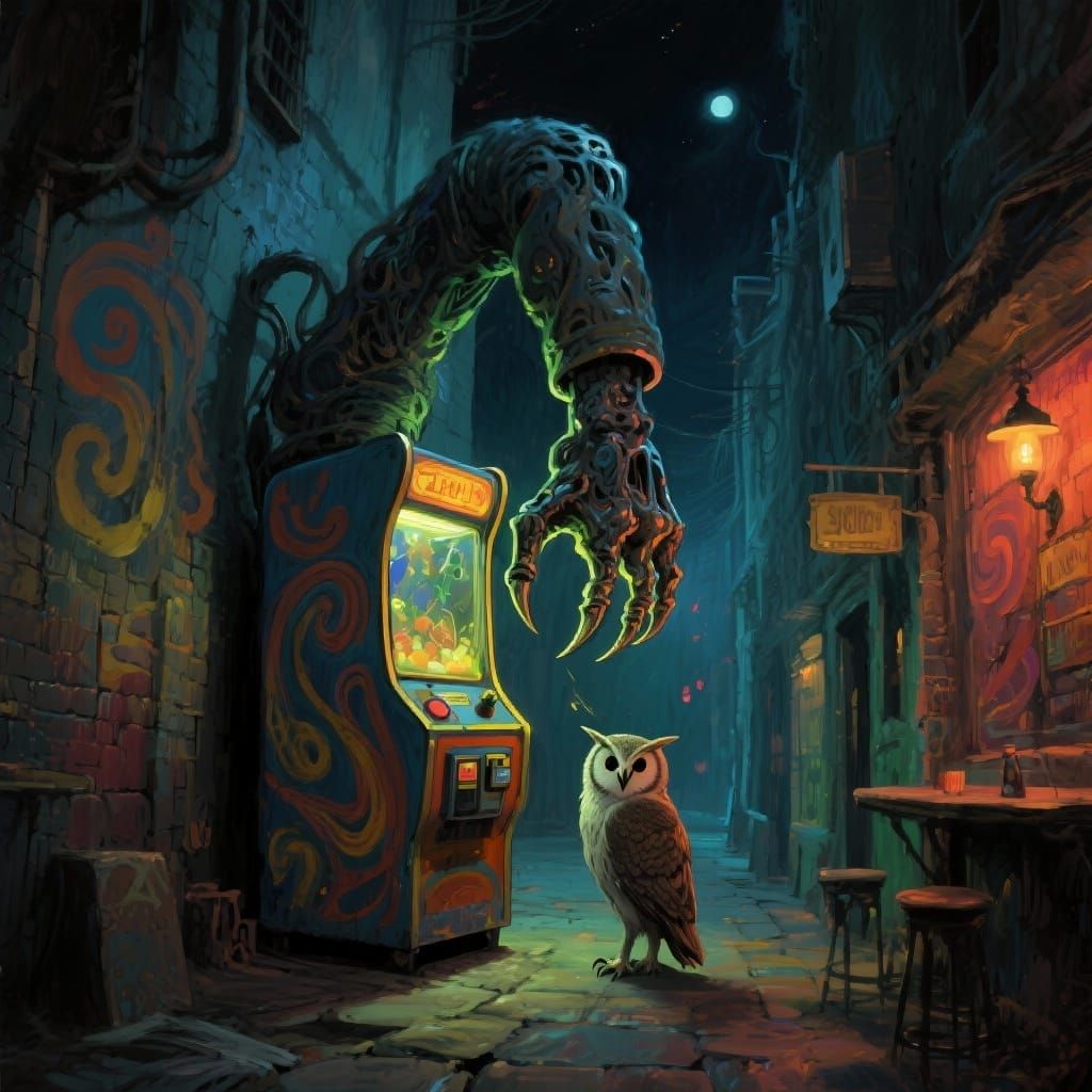 Sentient Claw Machine Reaches for Owl in Surreal Alley
