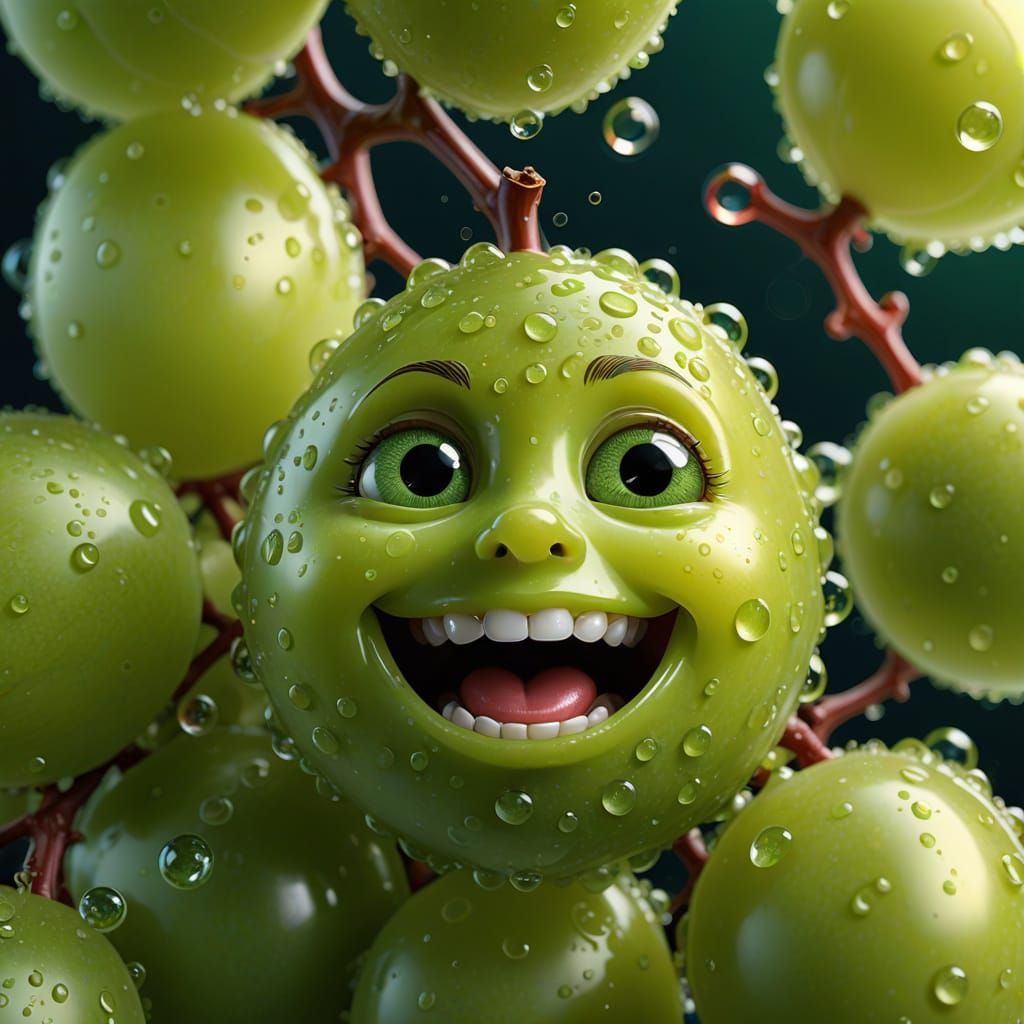 Hyper-Realistic Green Grape with a Drunk Expression