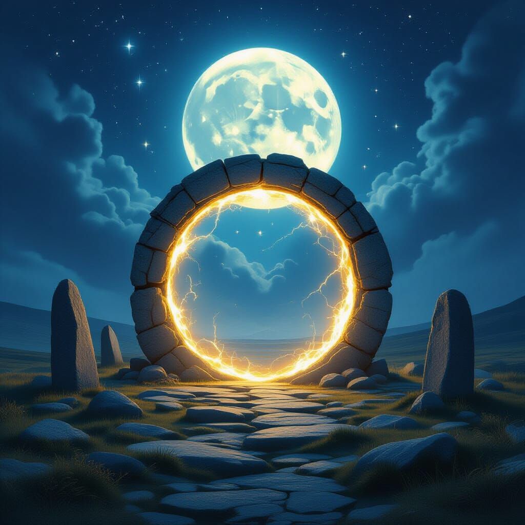 Full Moon Portal in Stone Circle: Surreal Fantasy