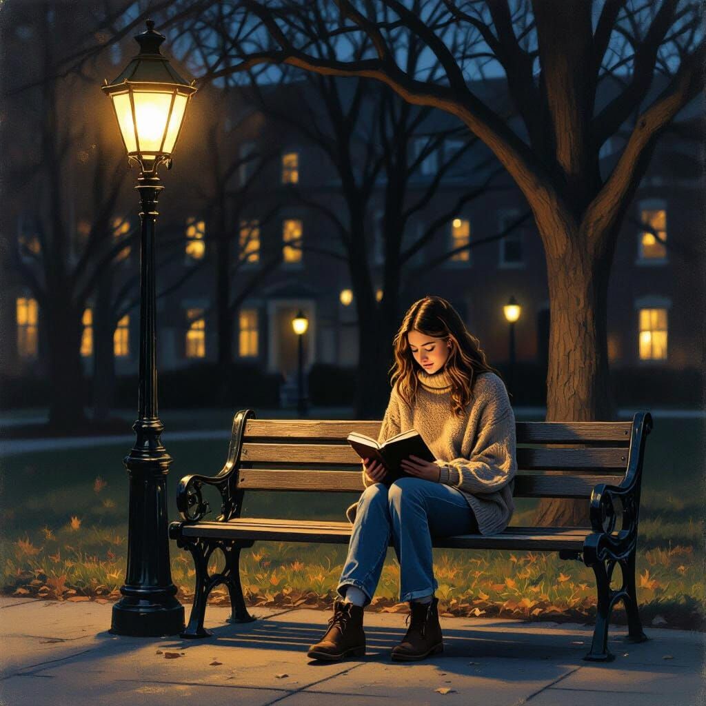 Student Reading at Night on College Campus