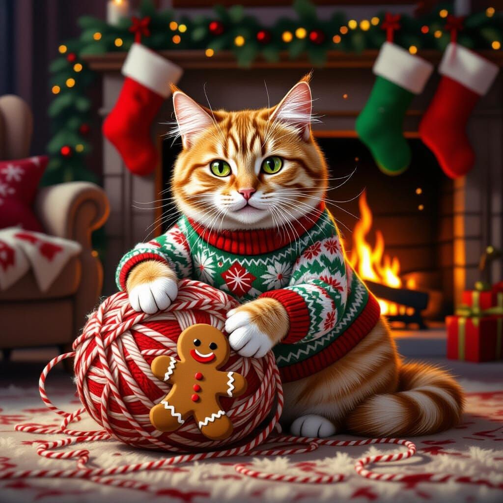 Mischievous Cat in Festive Sweater Tangled in Yarn