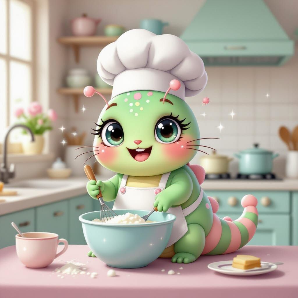 Chibi Caterpillar Chef in Pastel Kitchen