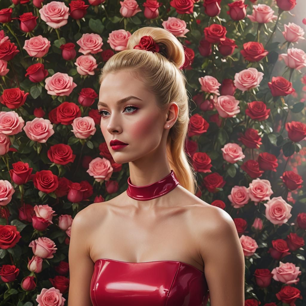 Portrait of Blonde Woman in Red Latex Dress