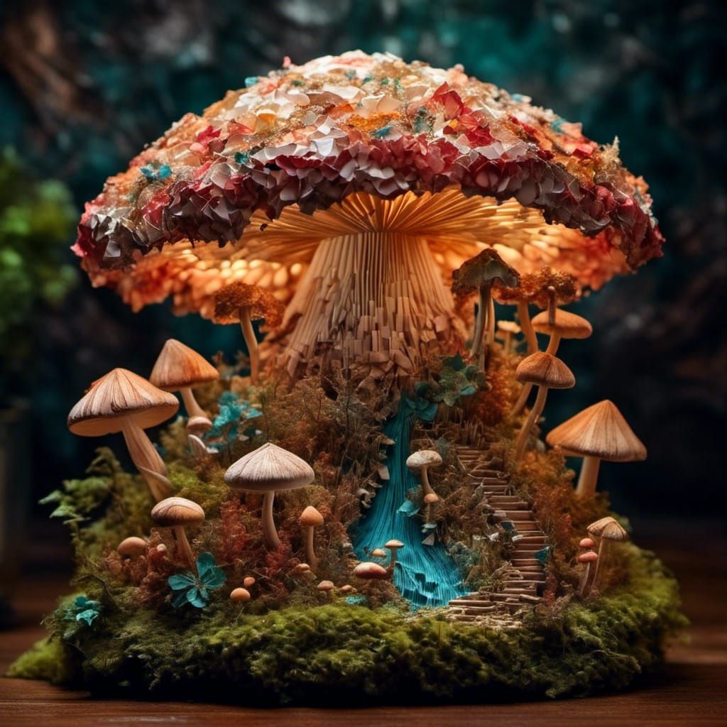 Detailed Origami Mushroom Diorama by Yoshizawa