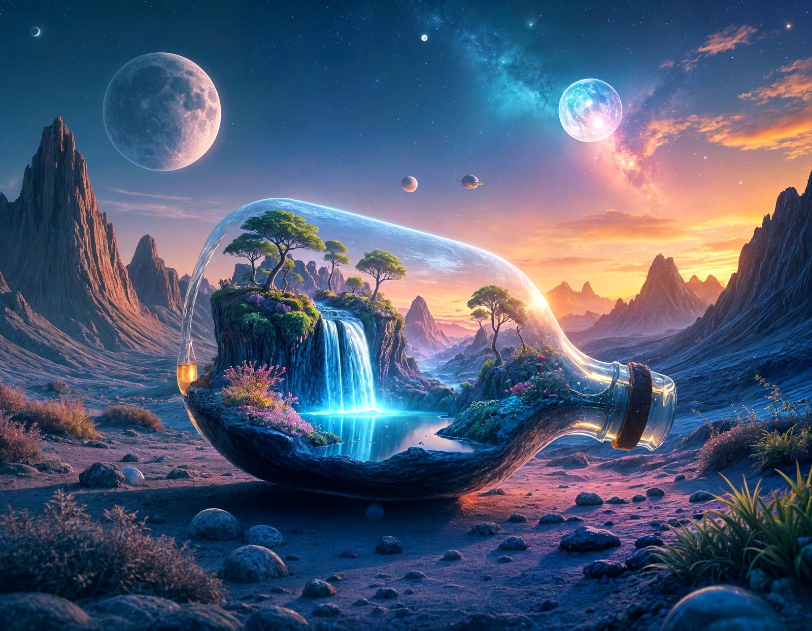 Surreal Bottle World on Alien Planet