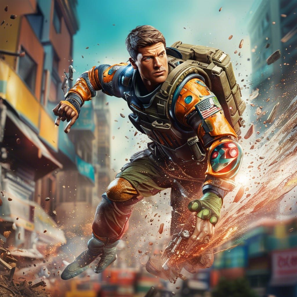 Hyperrealistic Action Hero Saving the World