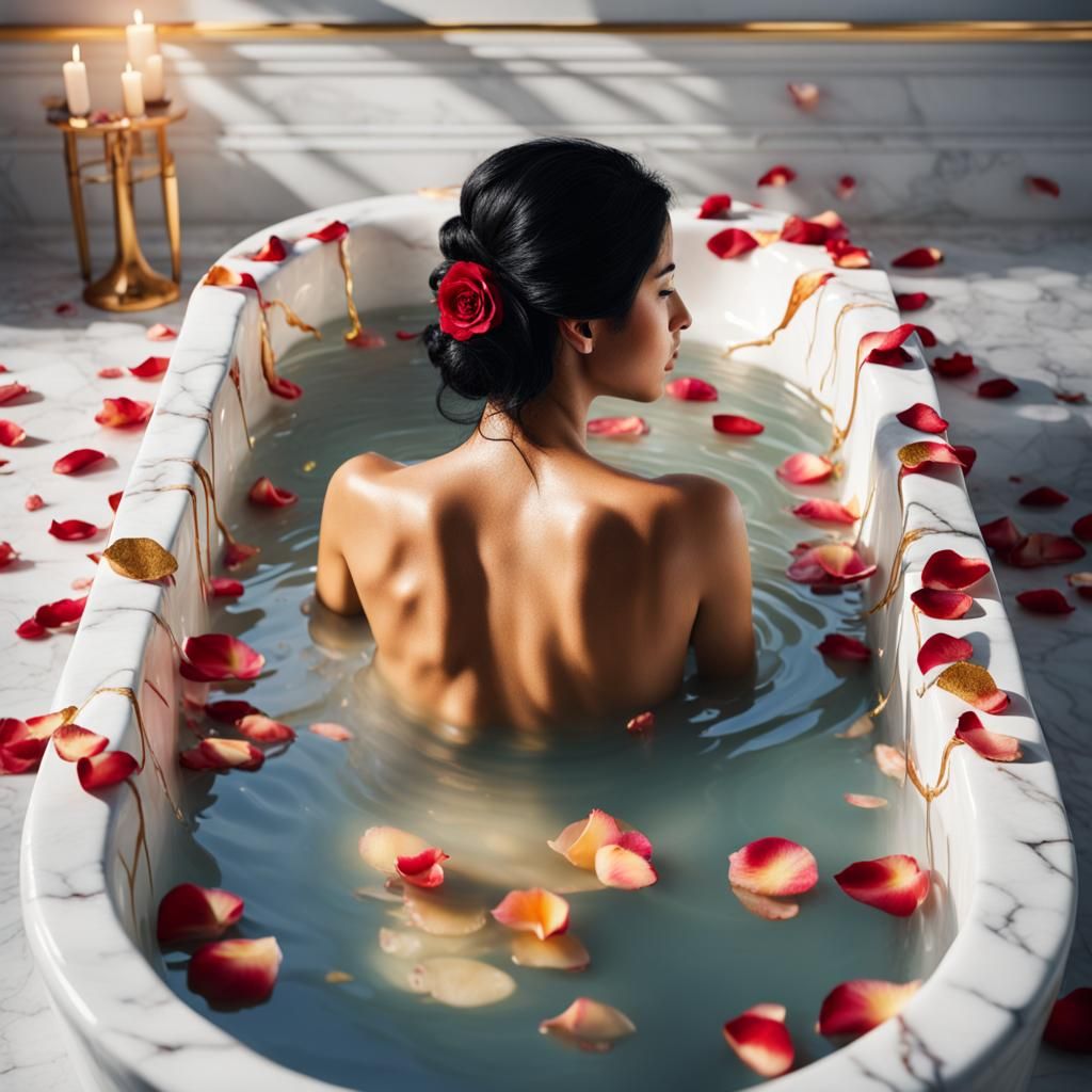 Woman Bathes in Marble Tub with Rose Petals