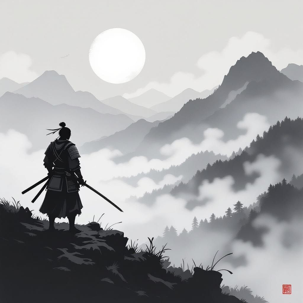 Samurai in Mist: Ink Painting in Miura Style
