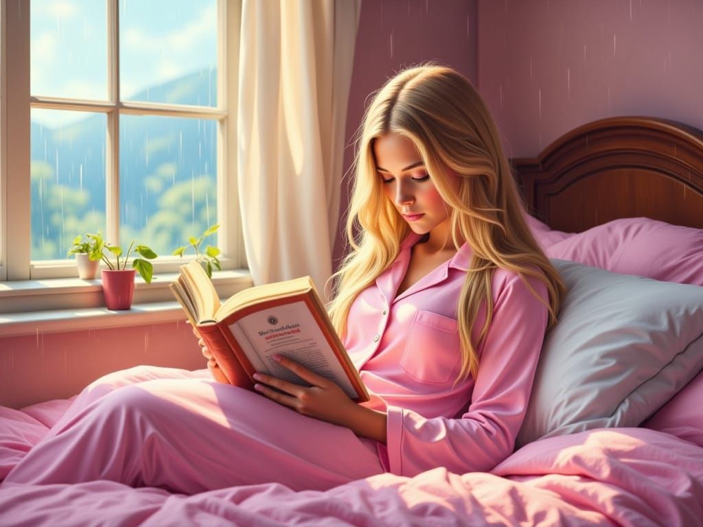 Girl in Pajamas Reading Book by Window