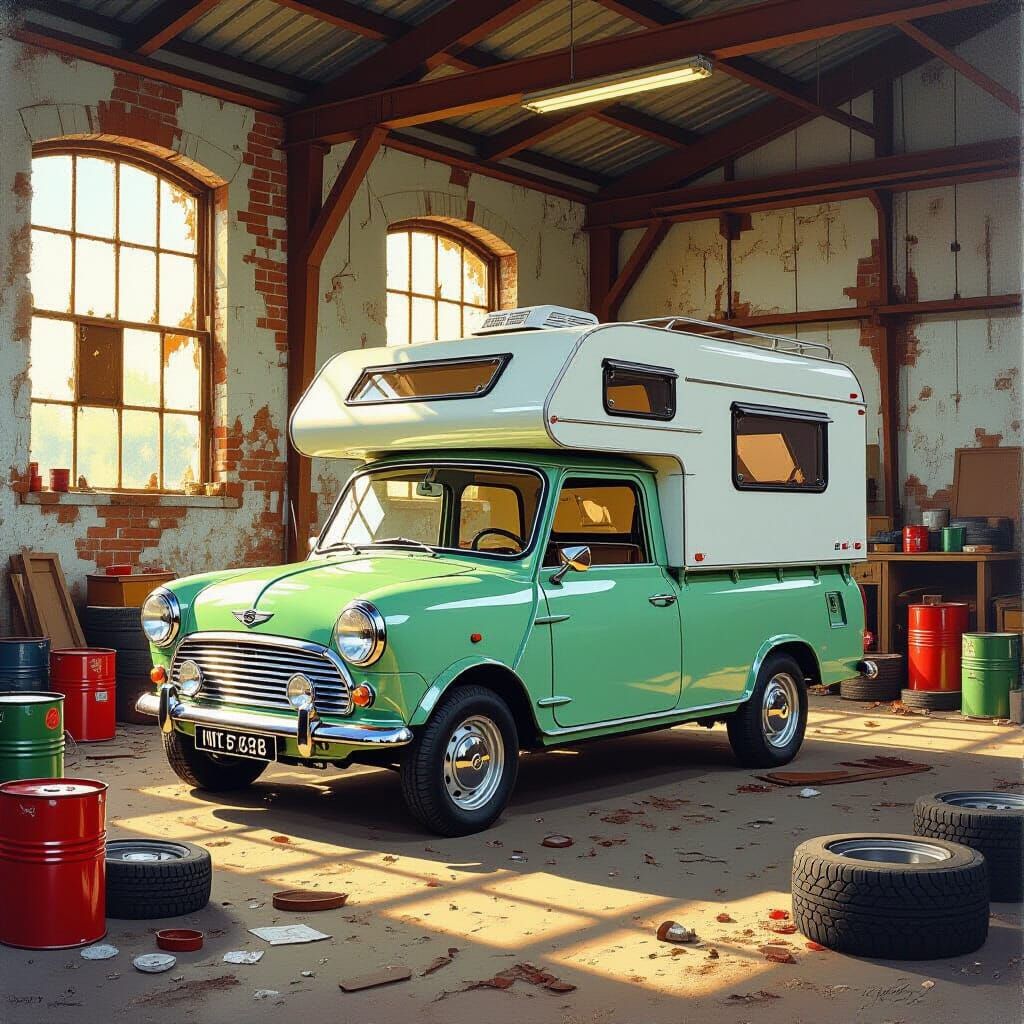 Mini Camper in Grimy Workshop Oil Painting
