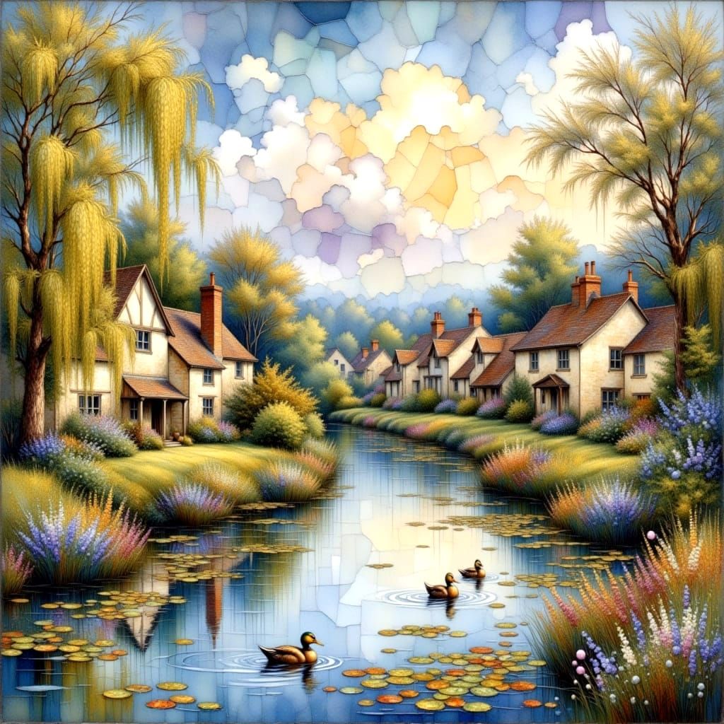 Ethereal Cotswold Village by Lake in Golden Hour