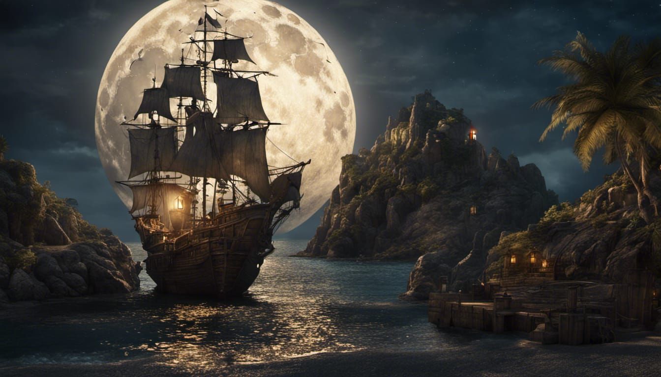 Moonlit Pirate Hideout: Hyperrealistic Fantasy Harbor Scene