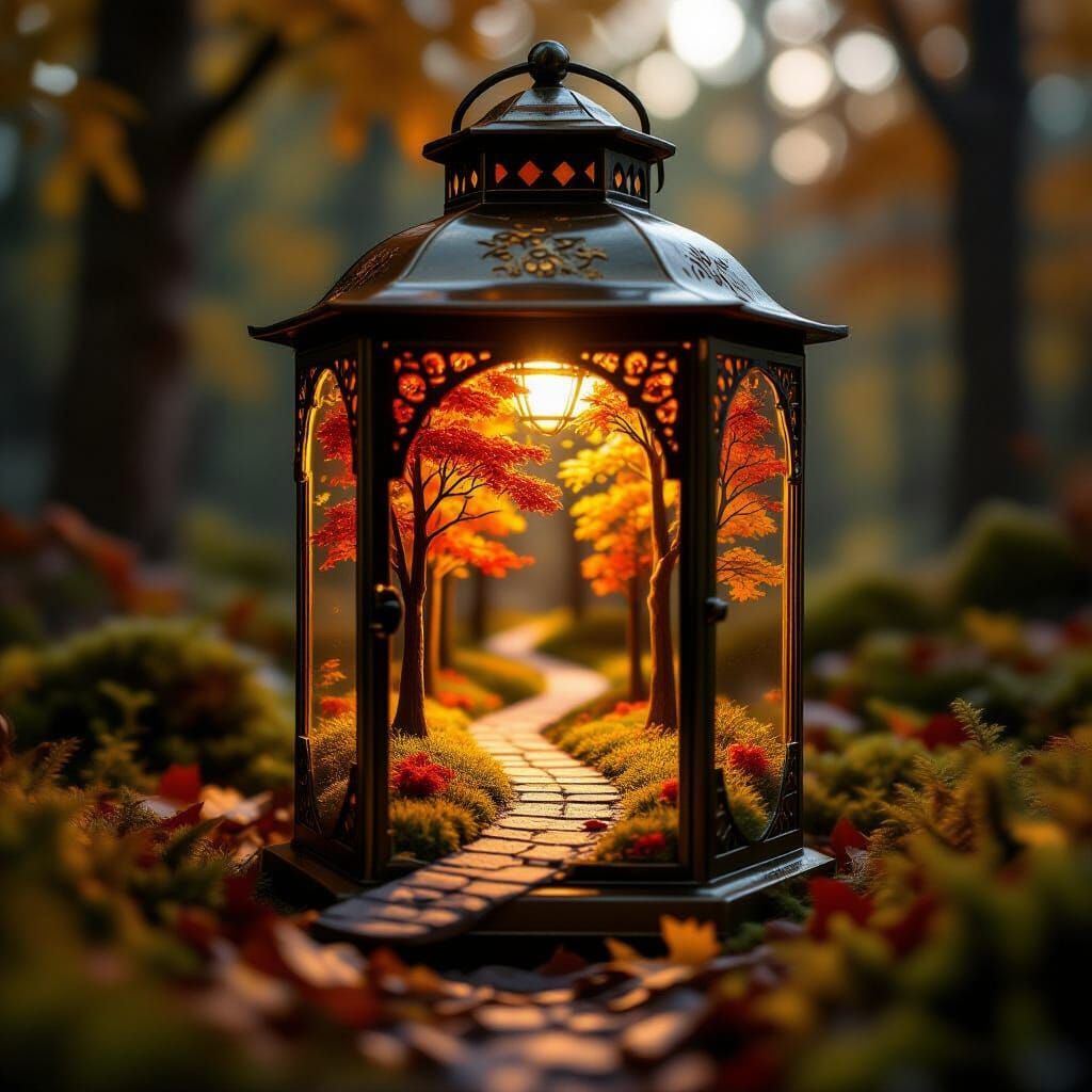 Miniature Autumn Forest Inside a Lantern, Cozy Glow