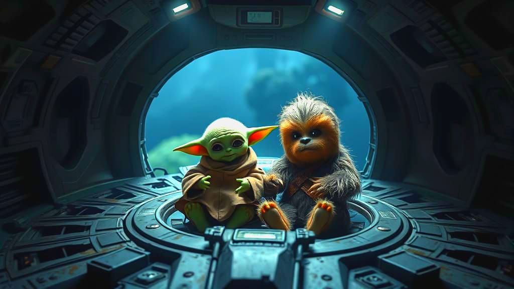 Baby Yoda and Baby Wookie in a Mini Millennium Falcon