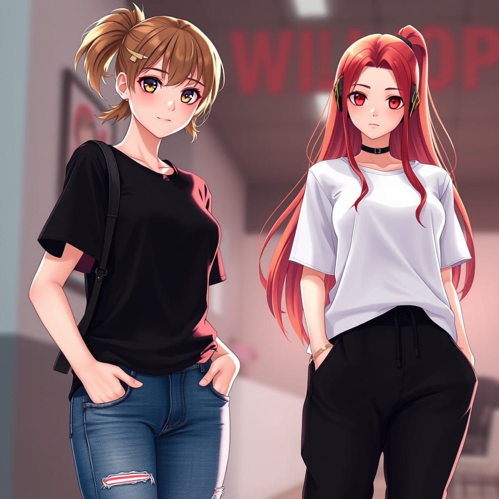 Sensual Anime Woman with Red-Haired Companion