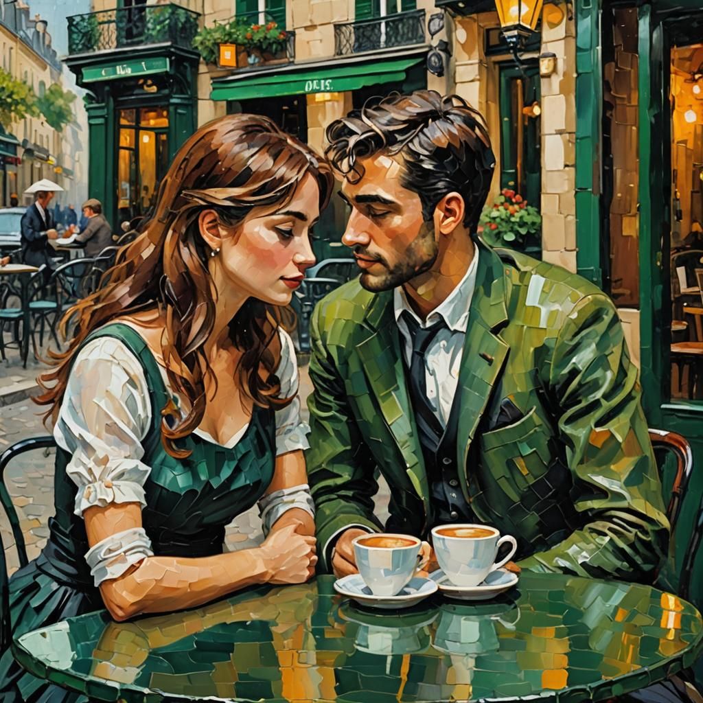 Romantic Couple at Paris Cafe as Impasto Painting