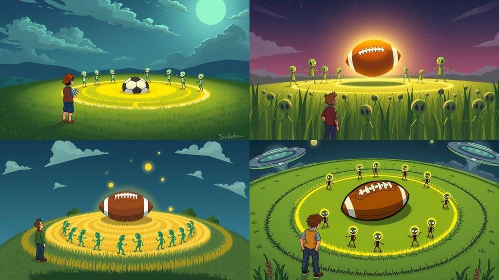 A crop circle depicting a giant football surrounded by danci...