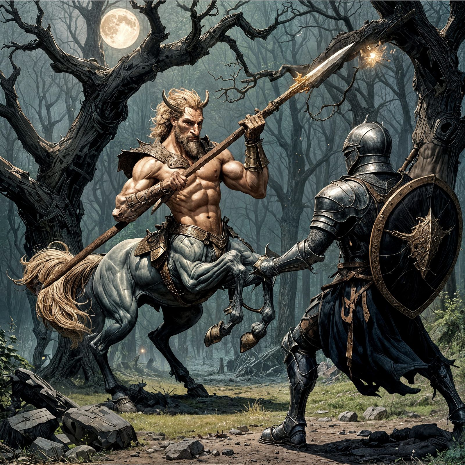Centaur Charging Knight in Dark Fantasy Landscape